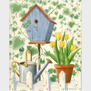 Blue Birdhouse and Tulips