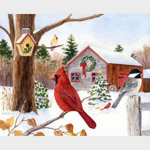 Cardinal, Chickadee and Christmas Barn